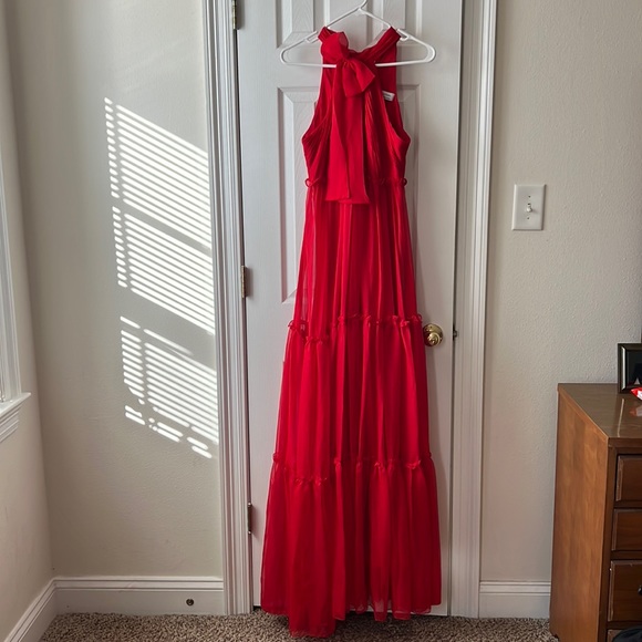 MAC DUGGAL RUCHED RUFFLE TIERED HIGH NECK BOW A LINE RED HALTER DRESS GOWN 4 - Picture 4 of 9